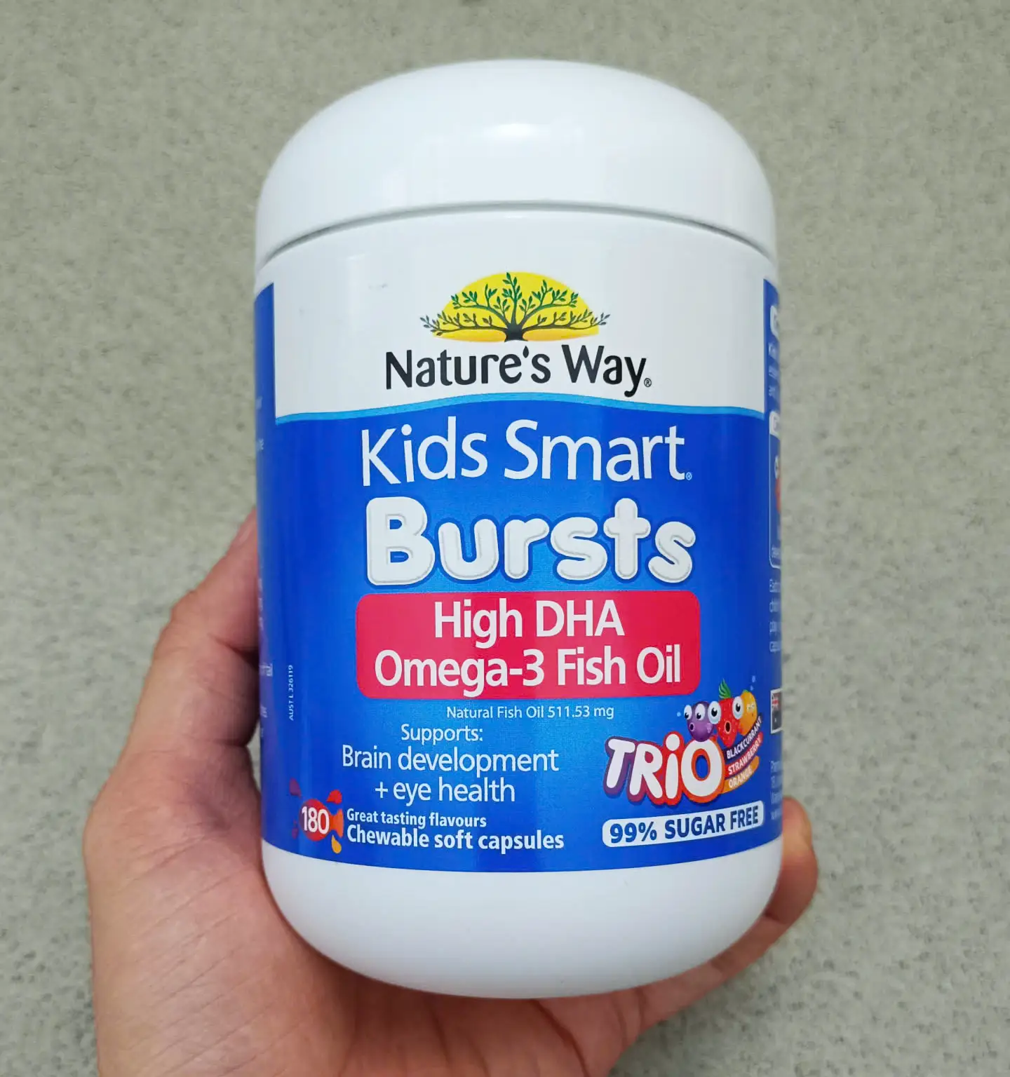 Viên nhai dầu cá Nature's Way Bursts Kids Smart Omega3 Fish Oil Trio 180 viên của Úc Nature's Way Kids Smart Omega-3 Fish Oil Trio lọ 180 viên