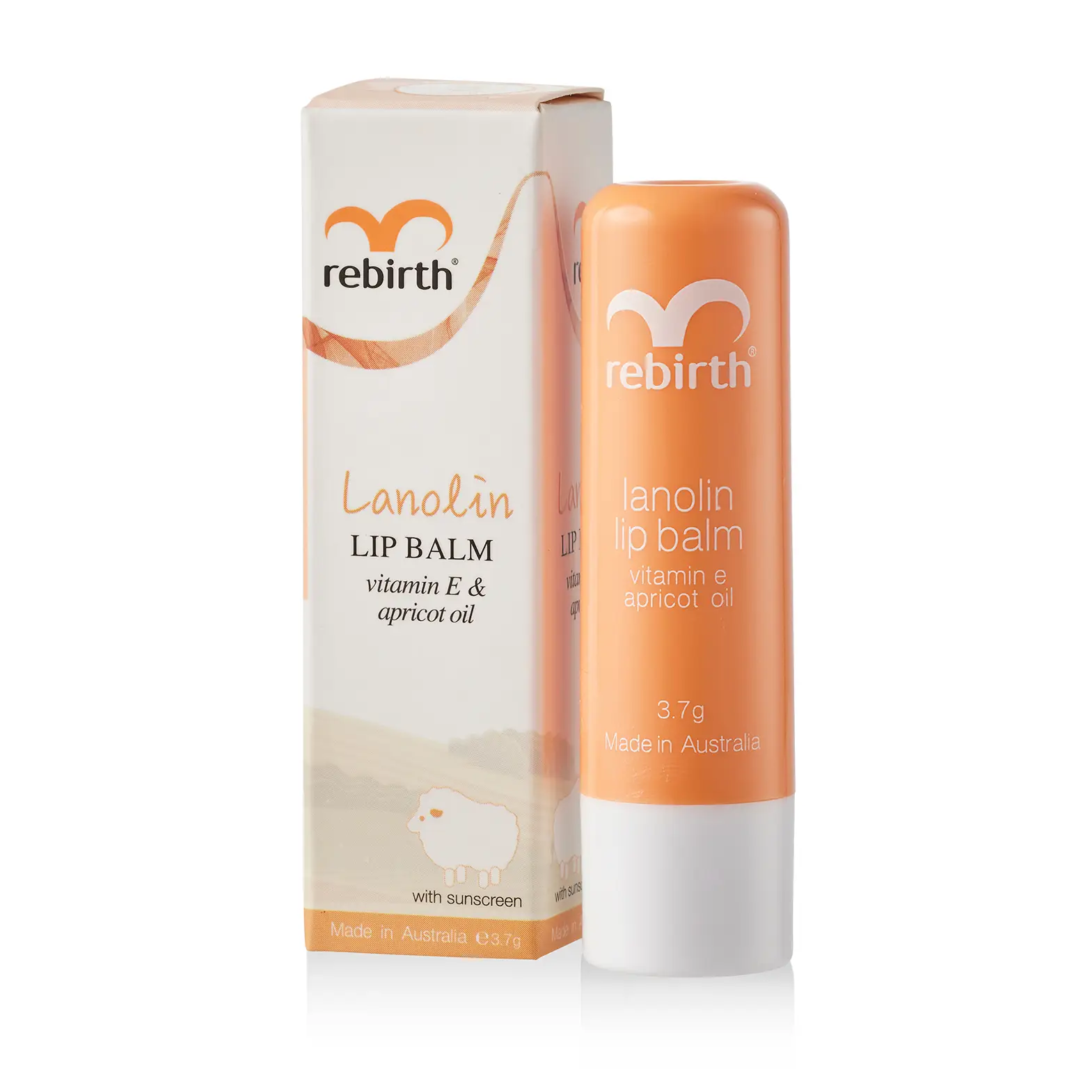 Son cừu cam Rebirth Lanolin Lip Balm 3.7g của Úc Son Dưỡng Môi Nhau Thai Cừu Rebirth Vitamin E Màu Cam