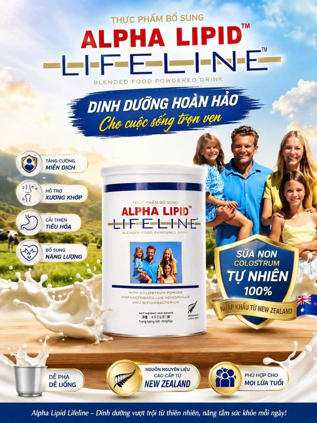 Sữa non Alpha Lipid Lifeline 450g của New Zealand Sữa non Alpha Lipid Life Line New Zealand lon 450g