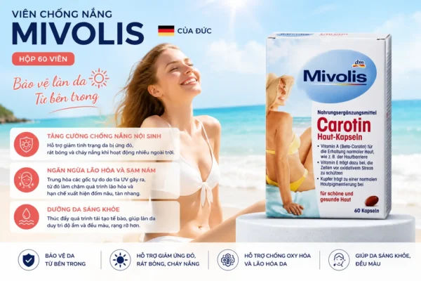 Viên uống chống nắng Mivolis Carotin trắng da của Đức hộp 60 viên