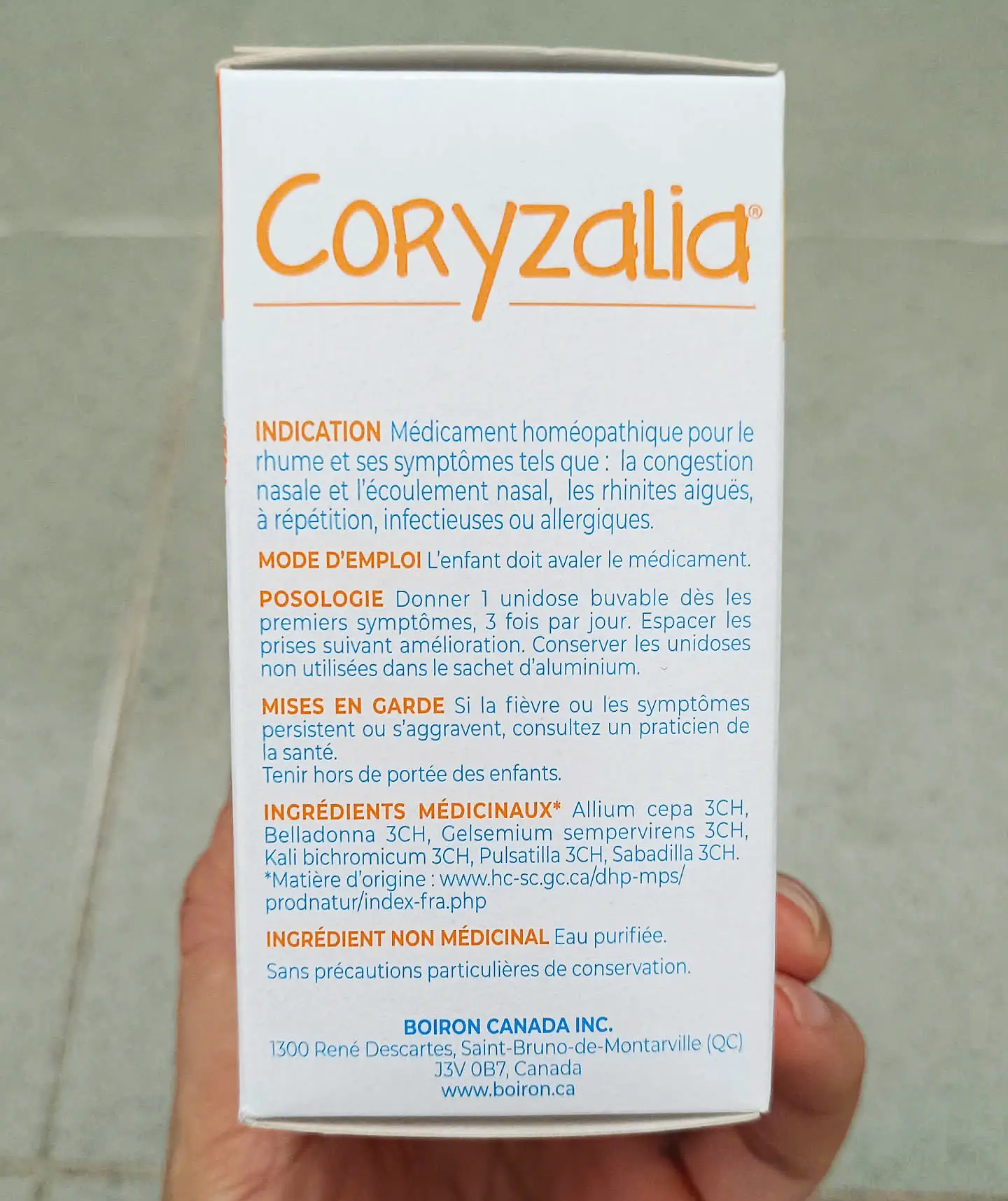 Muối uống vi lượng đồng căn Boiron Coryzalia Cold 30 ống của Canada Muối uống vi lượng đồng căn Coryzalia Rhume Boiron hộp 30 ống Canada