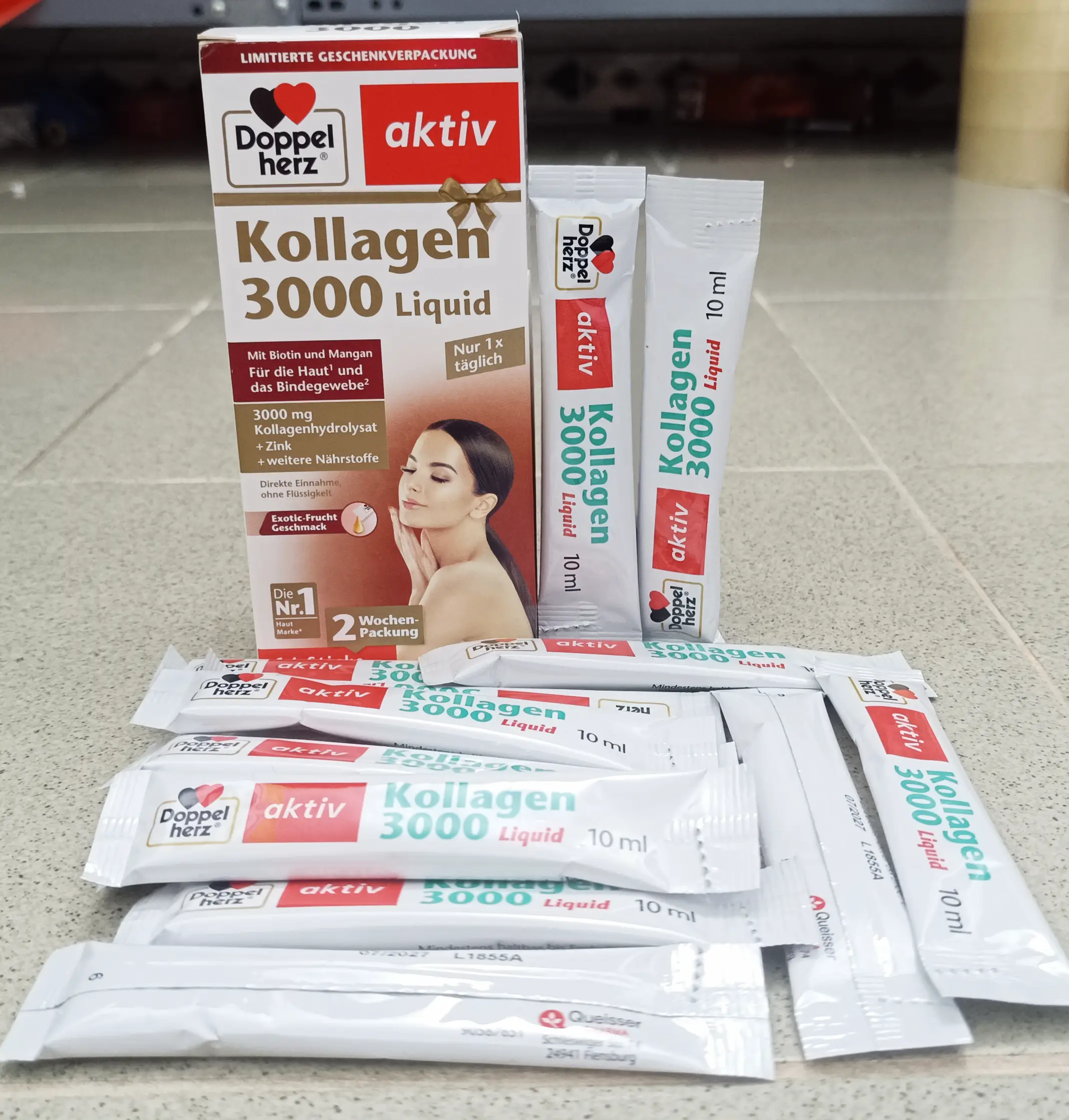 Collagen Doppelherz Kollagen 3000 Liquid hộp 14 gói của Đức Collagen 3000 Liquid Doppel Herz 14 gói