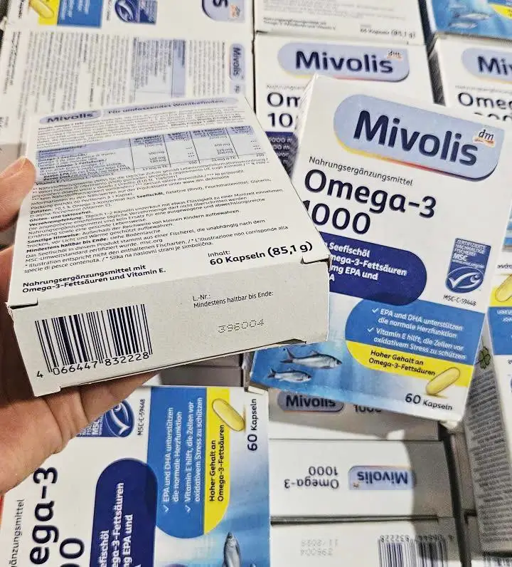 Viên uống dầu cá Mivolis Omega 3 1000mg 60 viên của Đức DẦU CÁ MIVOLIS OMEGA 3 1000 MG VITAMIN E CỦA ĐỨC