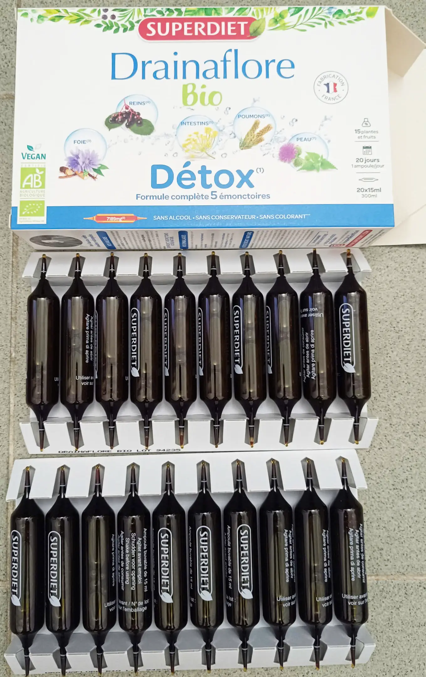 Thải độc nội tạng Superdiet Drainaflore Bio Detox hộp 20 ống x 15ml của Pháp Nước uống Superdiet Drainaflore Bio Detox thải độc cơ thể 20 ống