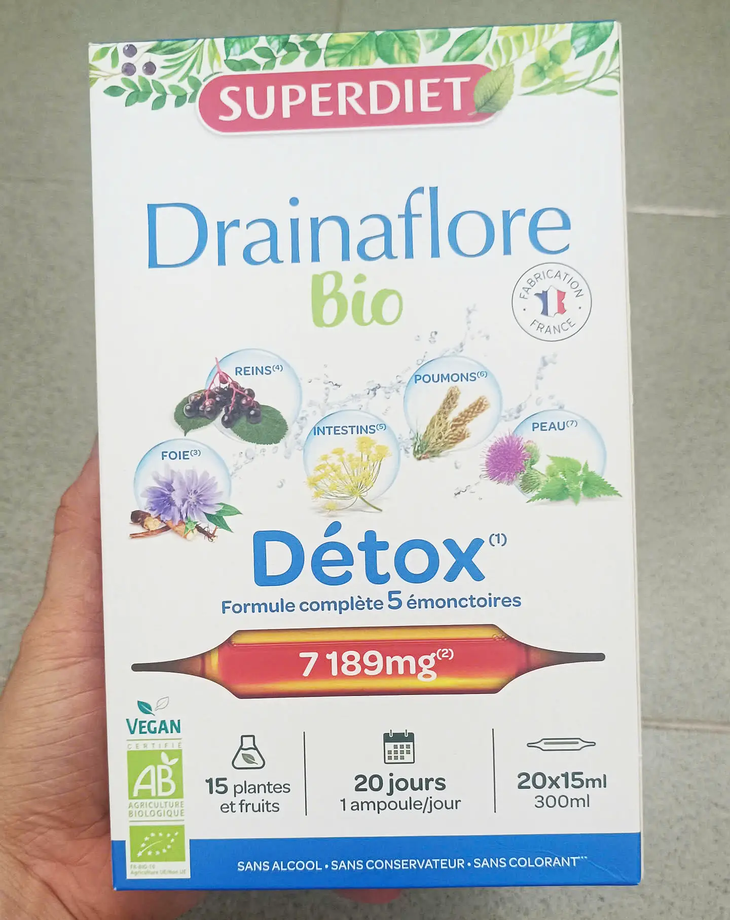 Thải độc nội tạng Superdiet Drainaflore Bio Detox hộp 20 ống x 15ml của Pháp Nước uống hỗ trợ thải độc nội tạng Drainaflore Bio Detox 20 ống
