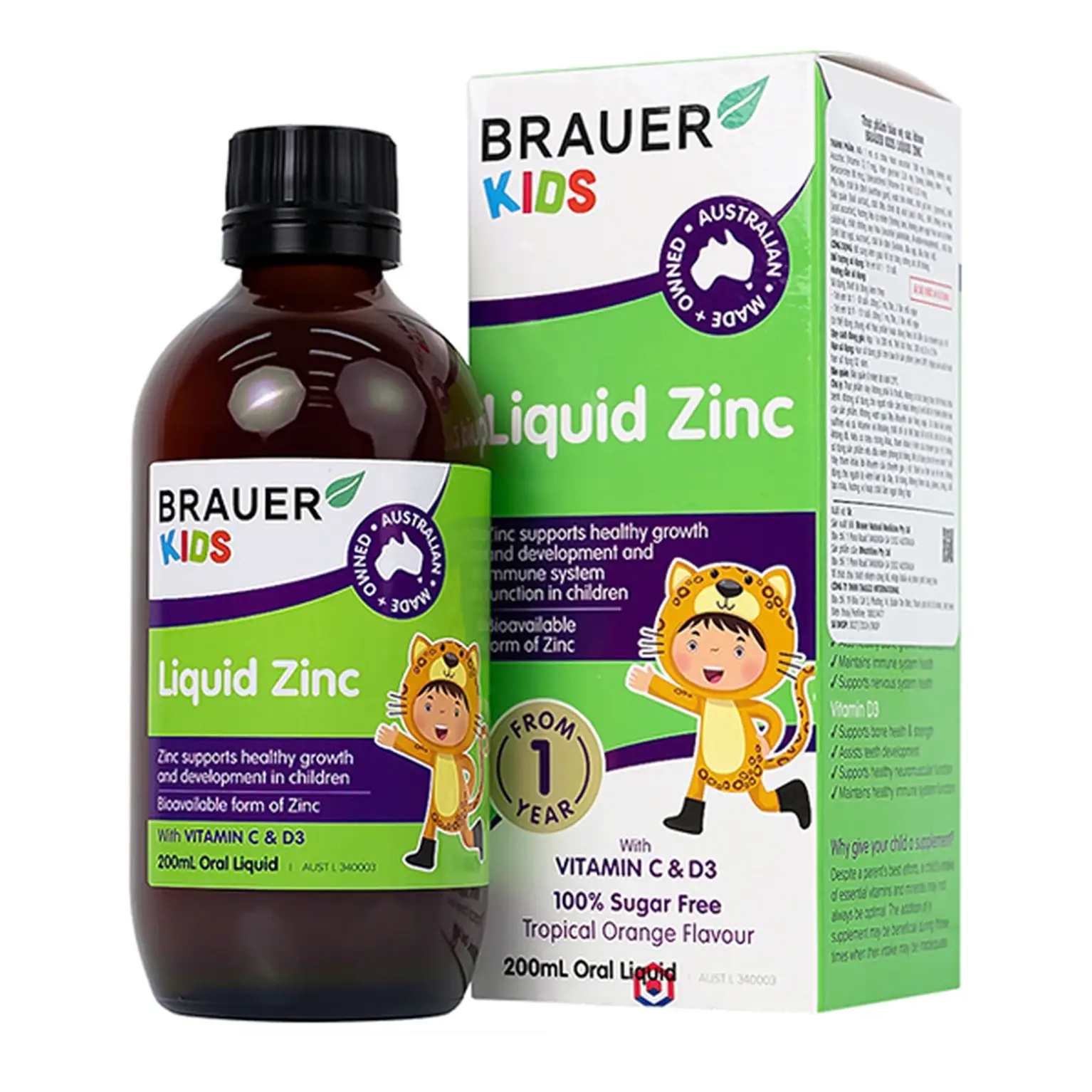 Siro kẽm Brauer Kids Liquid Zinc 200ml của Úc cho trẻ 1-13 tuổi Siro BRAUER Kids Liquid Zinc bổ sung kẽm