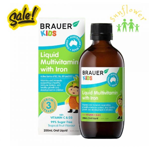 Siro bổ sung vitamin Brauer Kids Liquid Multivitamin with Iron 200ml của Úc