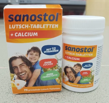 Viên ngậm Sanostol Lutsch-Tabletten 75 viên của Đức bổ sung vitamin tổng hợp và canxi Viên ngậm Sanostol Lutsch-Tabletten bổ sung Canxi và Multi-Vitamin 75 viên