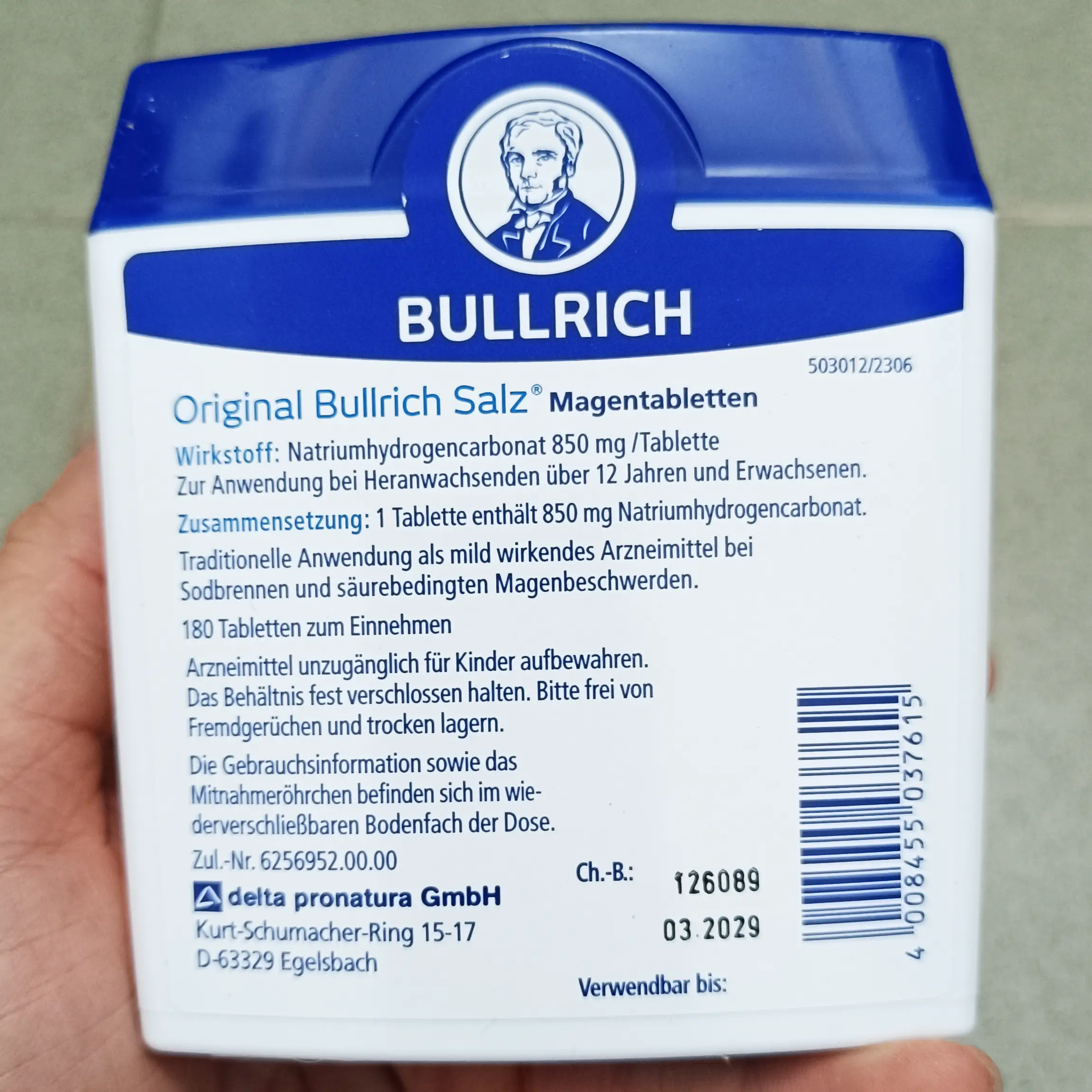 Viên uống trào ngược dạ dày Bullrich Salz hộp 180 viên của Đức Viên uống Bullrich Salz Magentabletten chống ợ nóng 180 viên