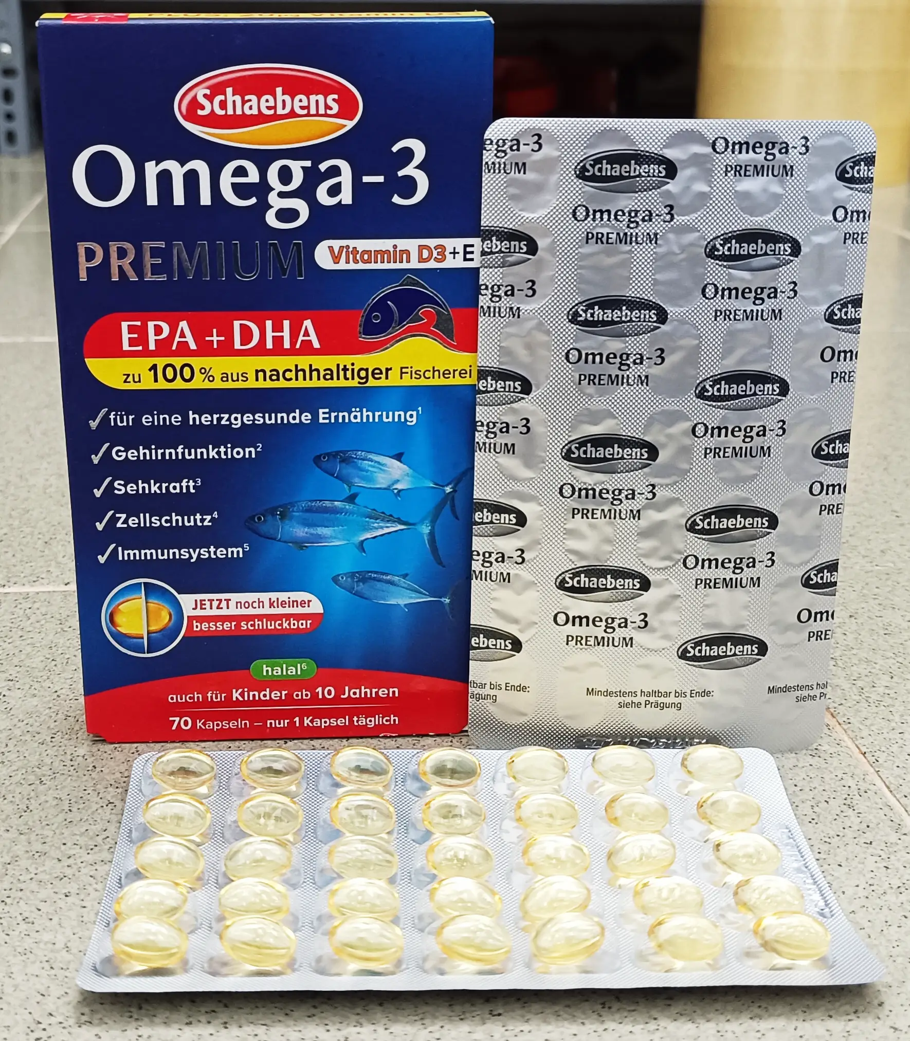 Viên uống dầu cá Schaebens Omega 3 Premium Vitamin E 70 viên của Đức Viên uống Omega 3 Premium Schaebens, 70 viên của Đức