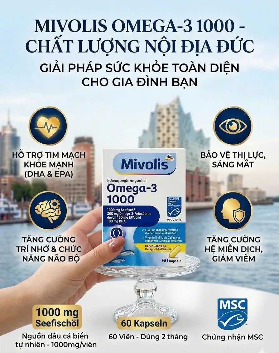 Viên uống dầu cá Mivolis Omega 3 1000mg 60 viên của Đức Viên uống dầu cá Mivolis Omega-3 1000 hộp 60 viên của Đức