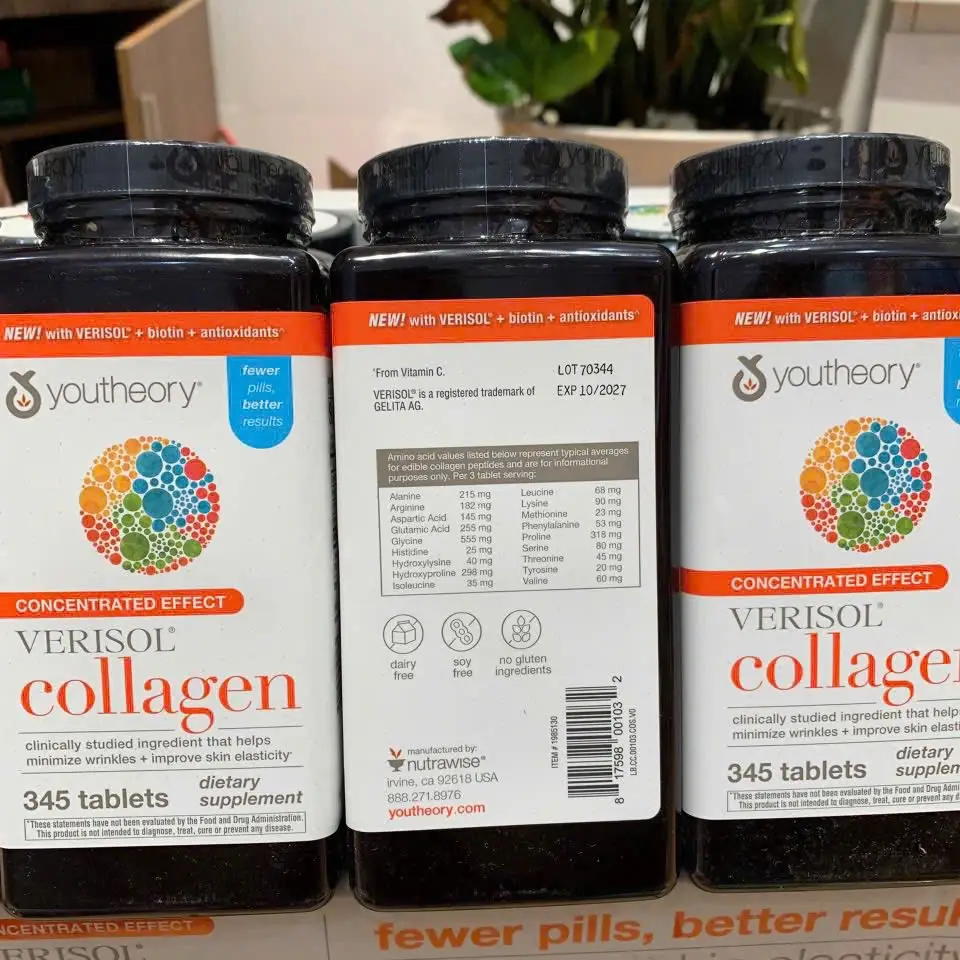 Viên uống collagen Youtheory Verisol Concentrated Effect 345 viên của Mỹ Viên uống đẹp da chống lão hoá Collagen Youtheory 345 viên
