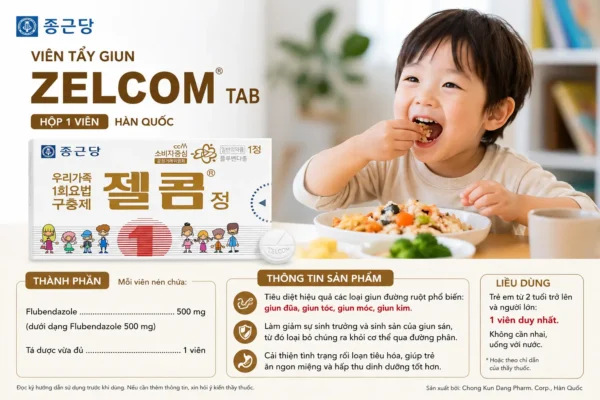 Viên tẩy giun Zelcom Tab hộp 1 viên Hàn Quốc Viên uống tẩy giun Hàn Quốc hộp 1 viên Zelcom Tab