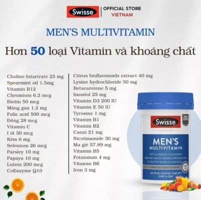 Bảng thành phần vitamin tổng hợp cho nam Swisse Men's Multivitamin 100 viên của Úc