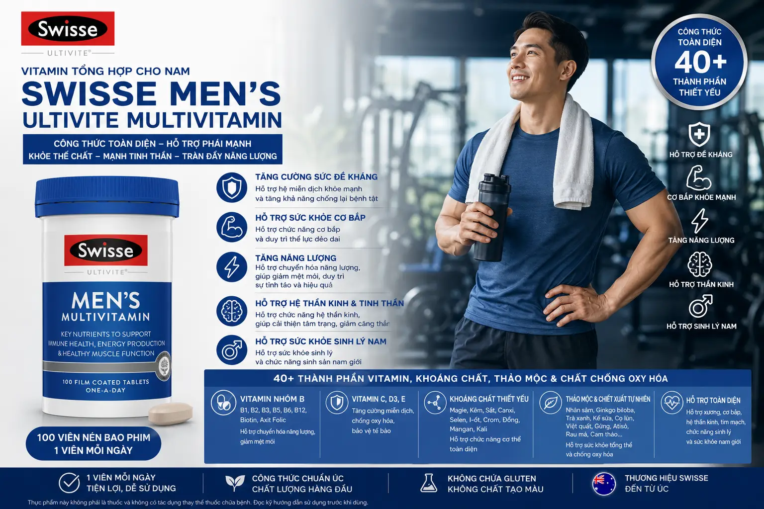 Vitamin tổng hợp cho nam Swisse Men's Multivitamin 100 viên của Úc Vitamin tổng hợp Swisse Men's Ultivite Multivitamin cho nam 60 viên