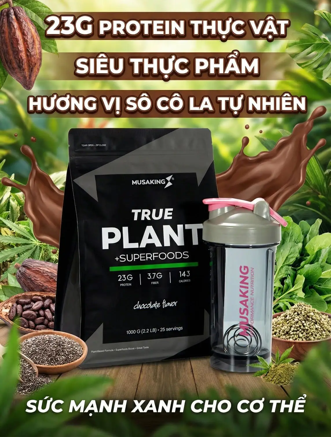 Sữa thực vật Pure Vegan Protein Body Gold túi 1 kg Bột dinh dưỡng thực vật True Plant+ 1kg