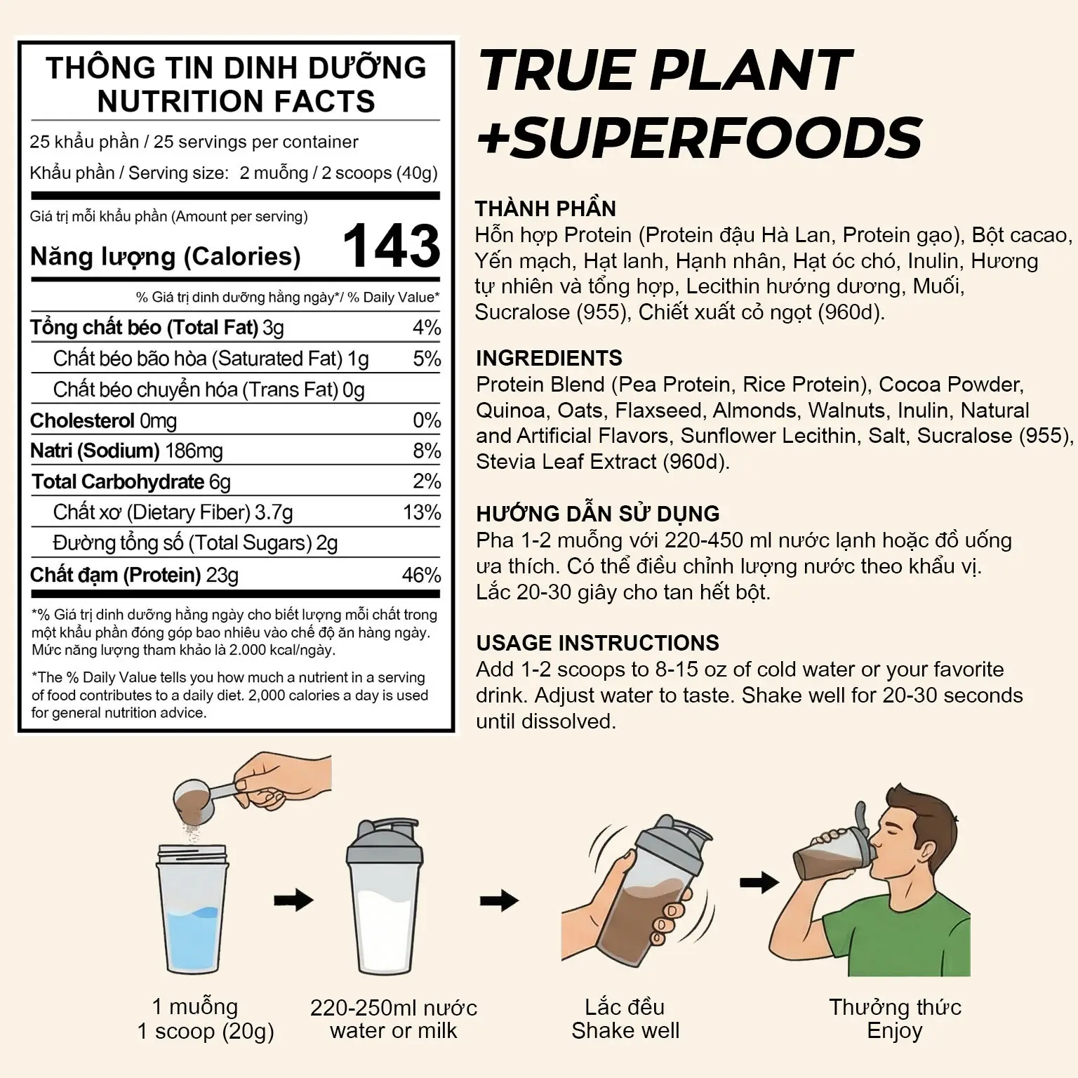 Sữa thực vật Pure Vegan Protein Body Gold túi 1 kg Bột siêu thực phẩm True Plant Musang King