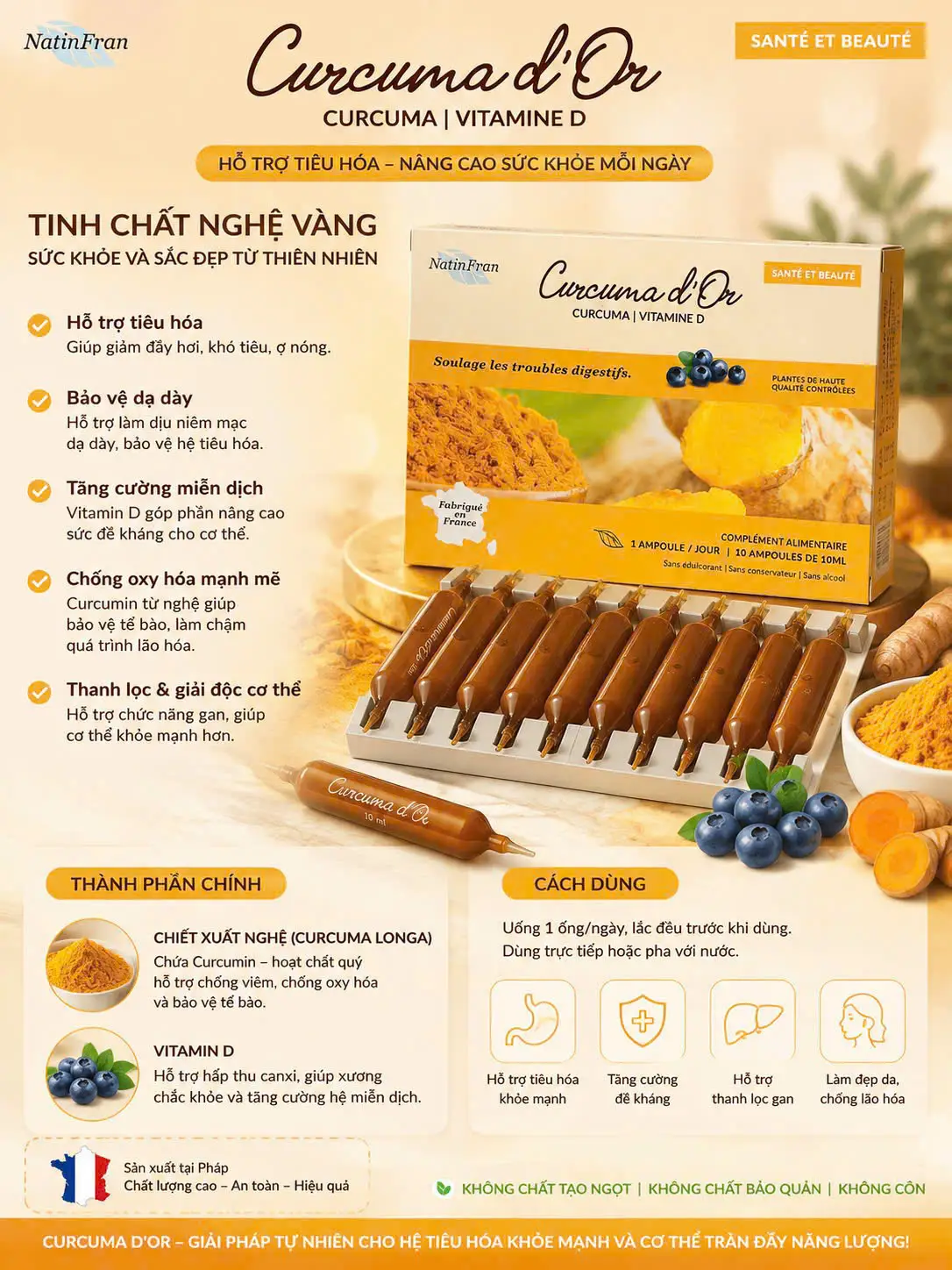 Tinh chất nghệ nano Curcuma d’Or NatinFran hộp 10 ống của Pháp Tinh nghệ nano Curcuma d'Or NatinFran hộp 10 ống
