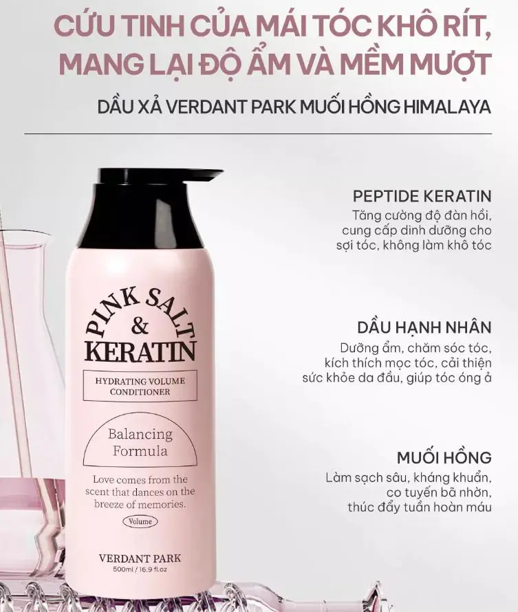 Set dầu xả dầu gội muối hồng Himalaya Pink Salt Verdant Park 500ml Dầu xả muối hồng Himalaya Pink Salt Keratin Hydrating Volume Conditioner