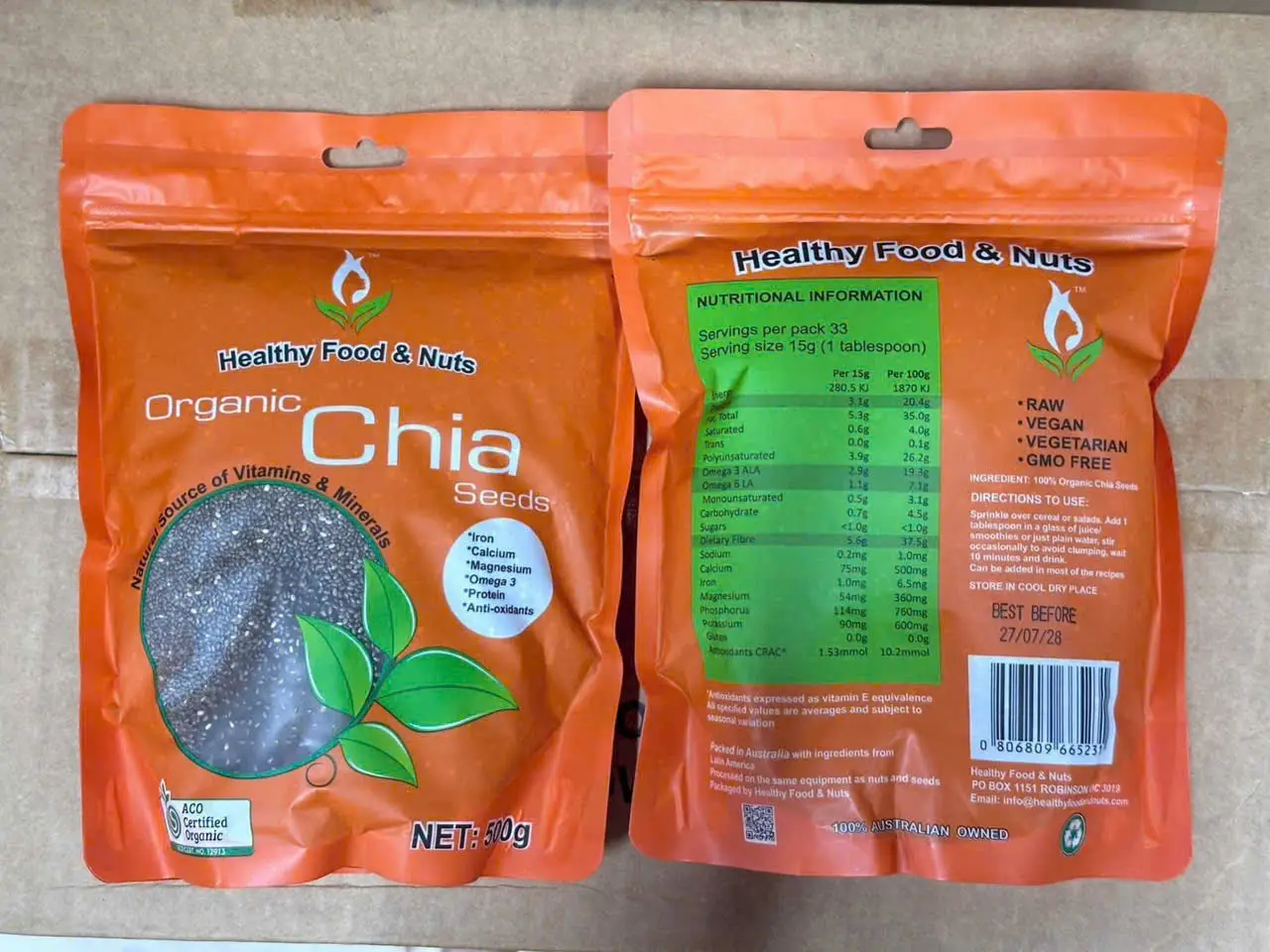 Hạt chia Organic Úc 500g túi cam Healthy Food & Nuts Hạt chia Organic Úc 500g Healthy Food & Nuts