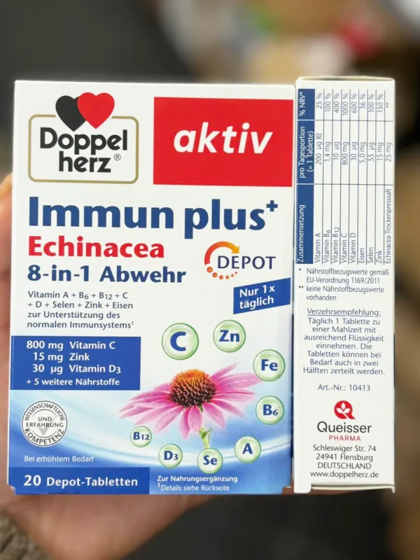 Viên Uống Tăng Đề Kháng Doppelherz Immun Plus + Echinacea 8-In-1 Defense 20 viên của Đức