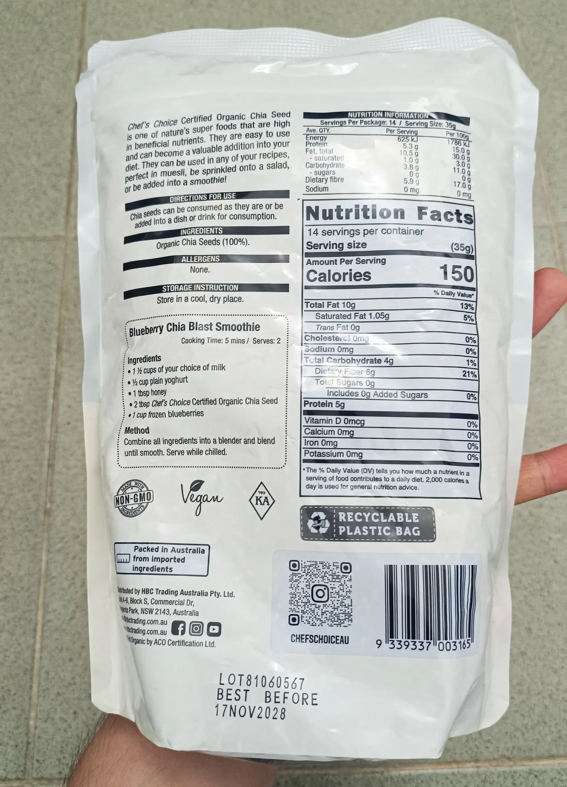 Hạt Chia Chef’s Choice Certified Organic Chia Seed 500g của Úc Hạt Chia Chef's Choice Certified Organic Chia Seed, Úc