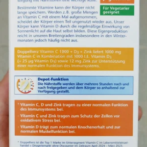 Viên uống Doppelherz Vitamin C 1000 + D3 + Zink 30 viên của Đức Viên uống Doppelherz Vitamin C 1000 + D3 + Zink DEPOT 30 viên của Đức