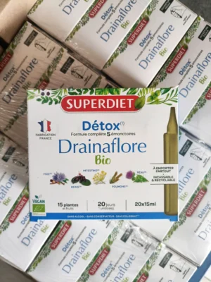 Nước uống Superdiet Detox Drainaflore Bio 20 ống nhựa của Pháp Detox 5 trong 1 SuperDiet Drainaflore Bio Pháp hộp 20 ống nhựa 15ml