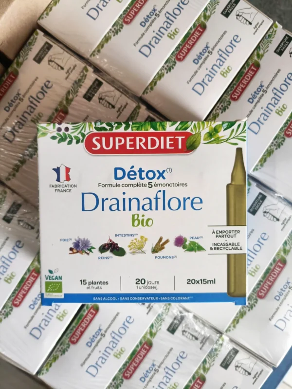 Detox 5 trong 1 SuperDiet Drainaflore Bio Pháp hộp 20 ống nhựa 15ml