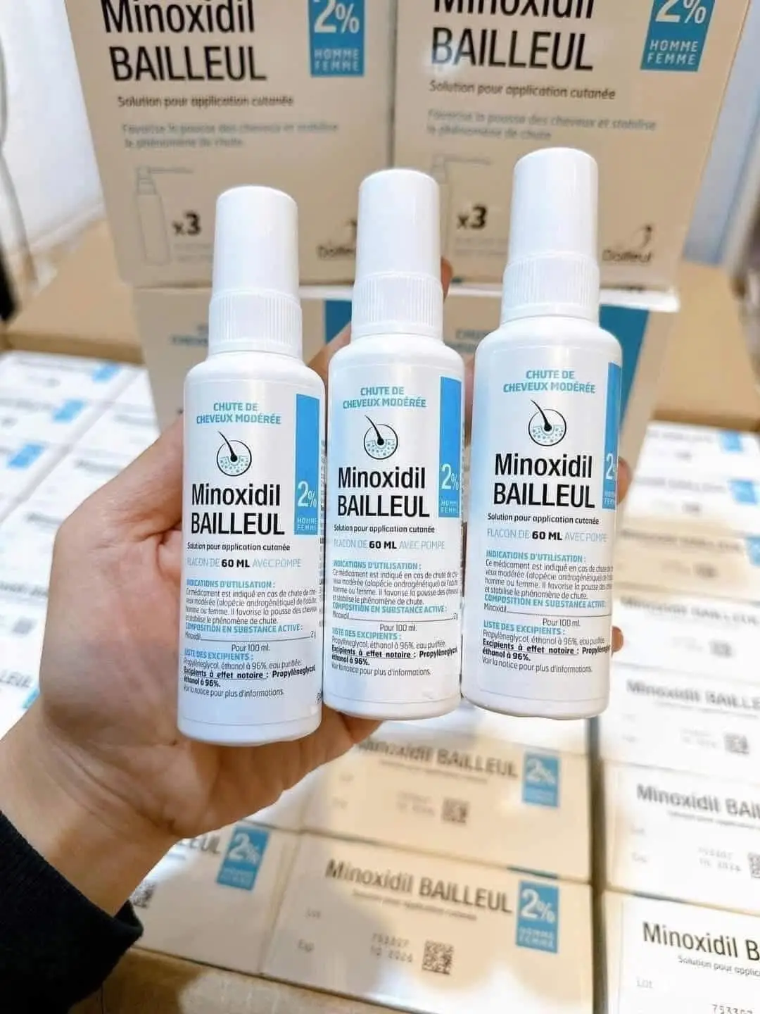 Thuốc Minoxidil 2% kích thích mọc tóc hộp 3 lọ của Pháp Dung Dịch Bailleul Laboratoires Opodex Minoxidil 2% Pháp