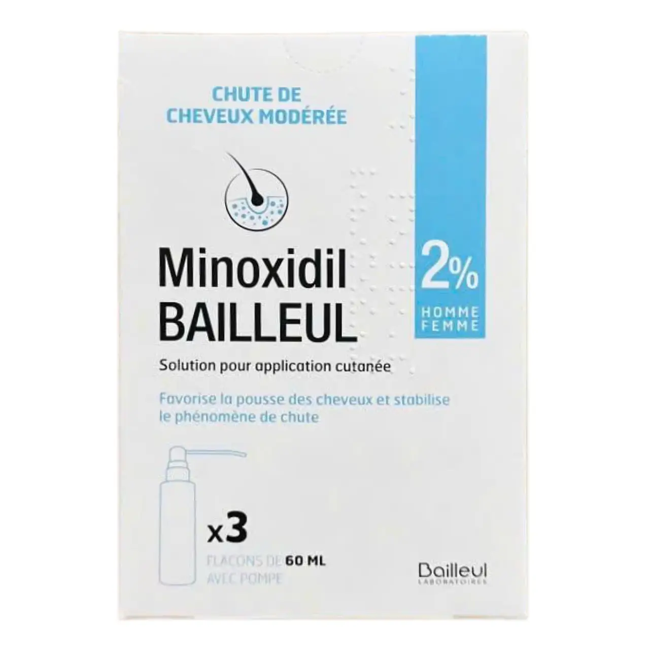 Thuốc Minoxidil 2% kích thích mọc tóc hộp 3 lọ của Pháp Xịt mọc tóc, chống rụng tóc Minoxidil Bailleul 2 %, 3 chai x 60ml