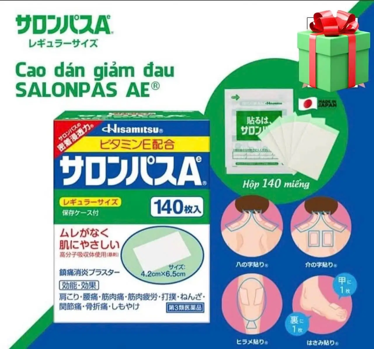Cao dán giảm đau Hisamitsu Salonpas 140 miếng của Nhật Bản CAO DÁN SALONPAS Nhật Bản