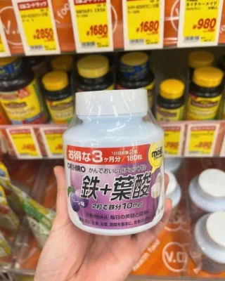 Viên nhai Orihiro Sắt + Axit Folic vị nho 180 viên của Nhật Bản Viên sắt acid folic Orihiro Most Chewable Iron 180 viên Nhật Bản