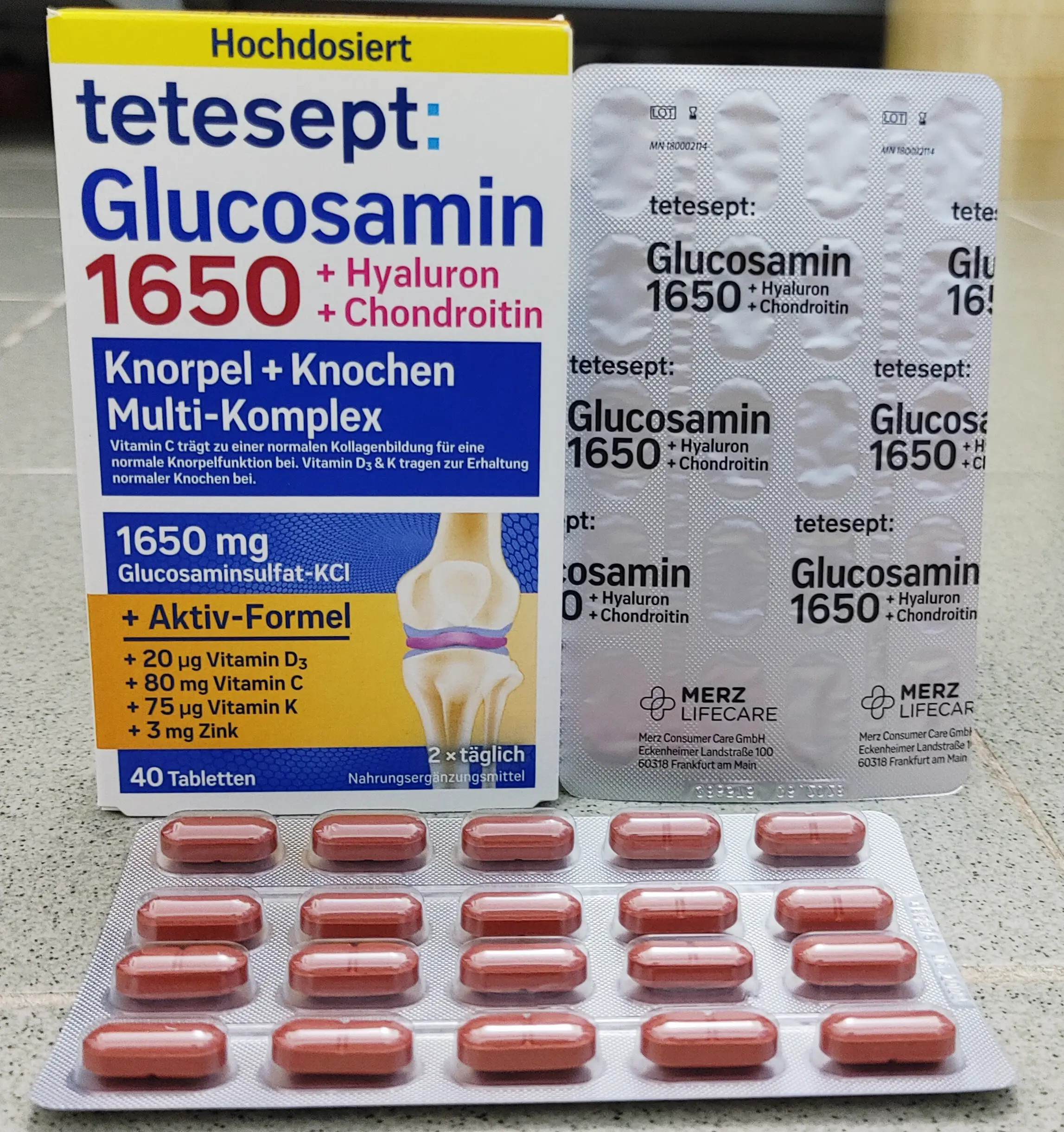 Viên uống Tetesept Glucosamin 1650 + Hyaluron + Chondroitin 40 viên của Đức Viên uống Glucosamin 1650 Tetesept bổ xương khớp, giảm đau mỏi hộp 40 viên
