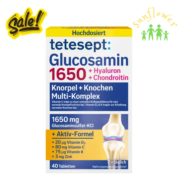 Viên uống Tetesept Glucosamin 1650 + Hyaluron + Chondroitin 40 viên của Đức Viên uống Tetesept Glucosamin 1650 + Hyaluron + Chondroitin 40 viên của Đức