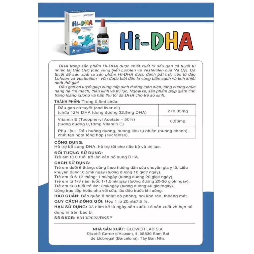 Dầu gan cá tuyết Hi-DHA ActivMedi Pharma 20ml của Tây Ban Nha DHA cho bé ActivMedi Hi DHA