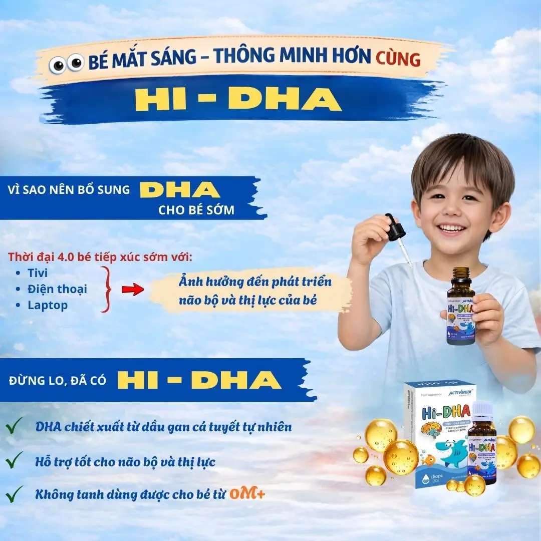 Dầu gan cá tuyết Hi-DHA ActivMedi Pharma 20ml của Tây Ban Nha Dha cho bé Hi DHA Activmedi bổ sung dha từ dầu gan cá tuyết