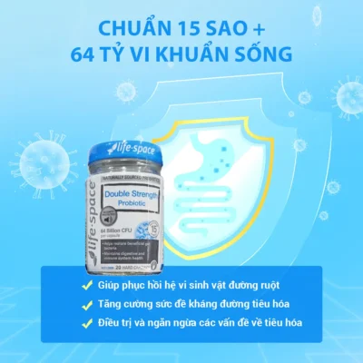 Men vi sinh Life-Space Double Strength Probiotic 64 tỷ CFU 20 viên của Úc Life Space Double Strength Probiotic - Viên uống men vi sinh cho người lớn