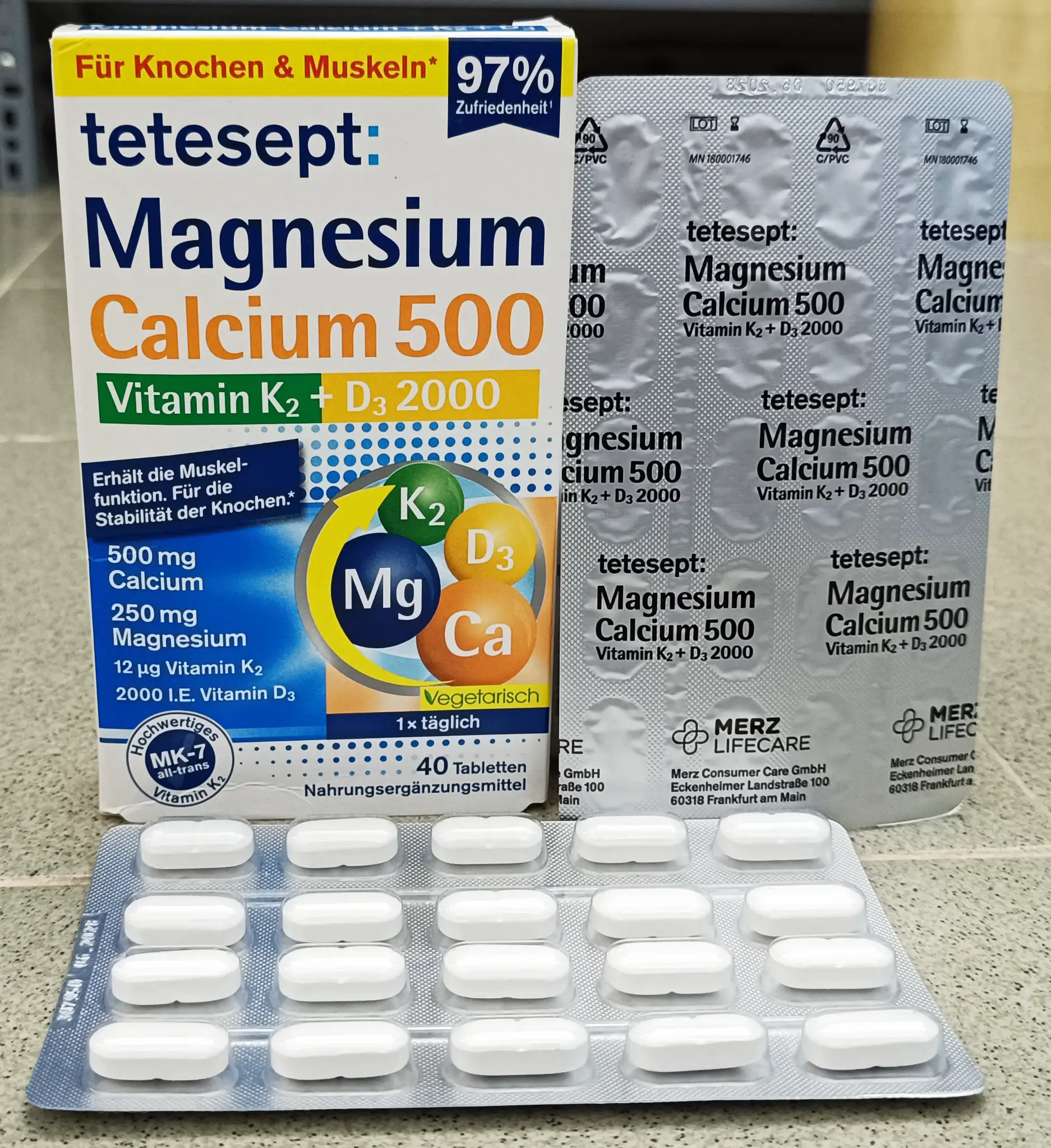 Viên uống Tetesept Magnesium Calcium 500 + Vitamin K2 + D3 2000 hộp 40 viên của Đức Magnesium Calcium 500 Vitamin K2+D3 2000 tetesept 40 viên của Đức