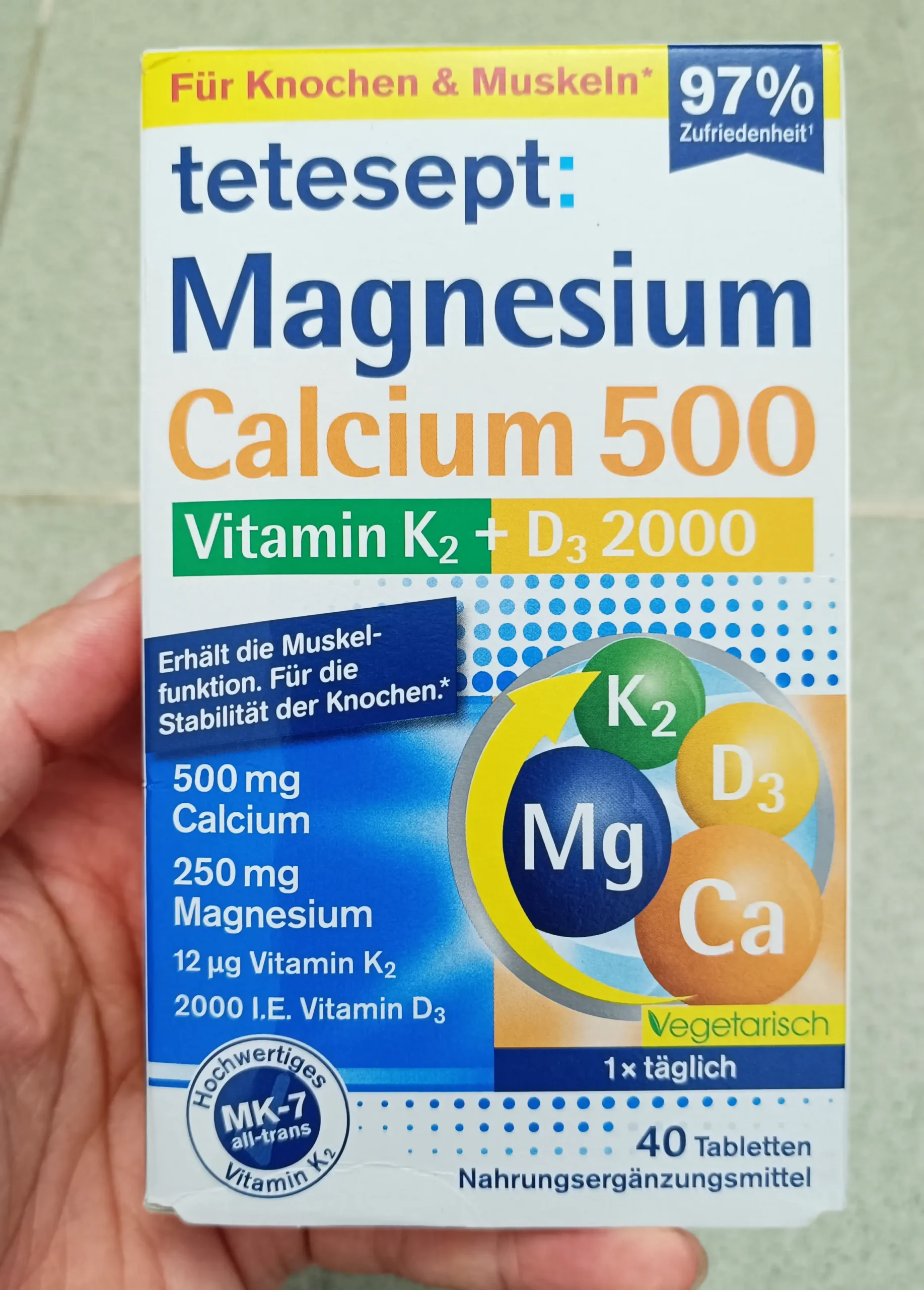 Viên uống Tetesept Magnesium Calcium 500 + Vitamin K2 + D3 2000 hộp 40 viên của Đức Magnesium Calcium 500 Vitamin K2+D3 2000 tetesept 40 viên