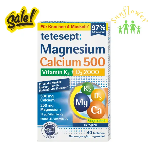 Viên uống Tetesept Magnesium Calcium 500 + Vitamin K2 + D3 2000 hộp 40 viên của Đức Viên uống Tetesept Magnesium Calcium 500 + Vitamin K2 + D3 2000 hộp 40 viên của Đức
