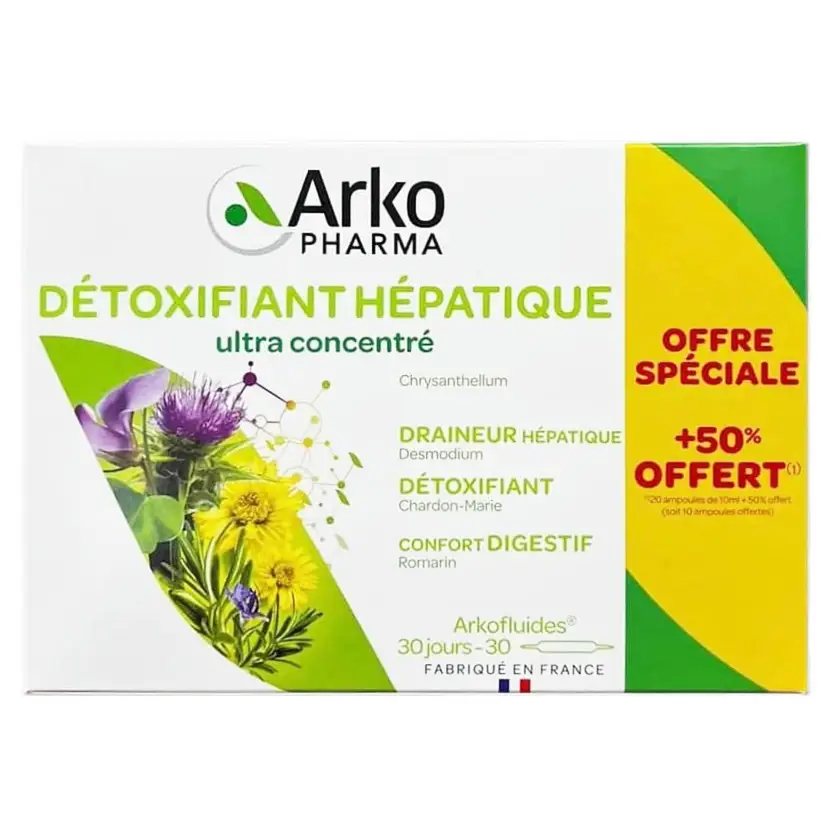 Nước uống thải độc gan Arkopharma Detoxifiant Hepatique 30 ống của Pháp Detox thải độc gan ArkoPharma Détoxifiant Hépatique, 30 ống