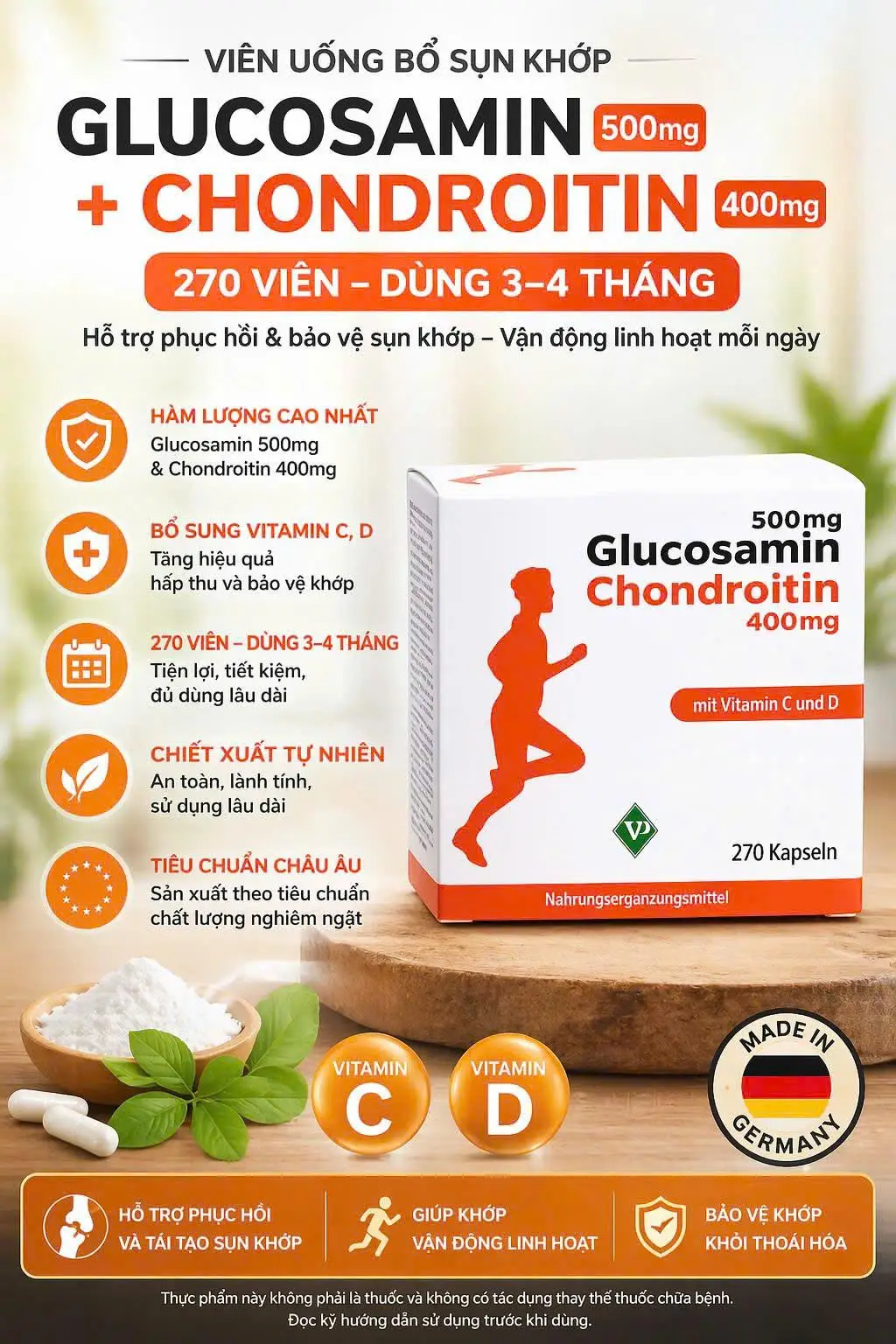 Viên uống bổ sụn khớp Glucosamin 500mg + Chondroitin 400mg 270 viên của Đức Thuốc Bổ Xương Khớp Glucosamin 500 mg Chondroitin 400 mg, hộp 270 viên