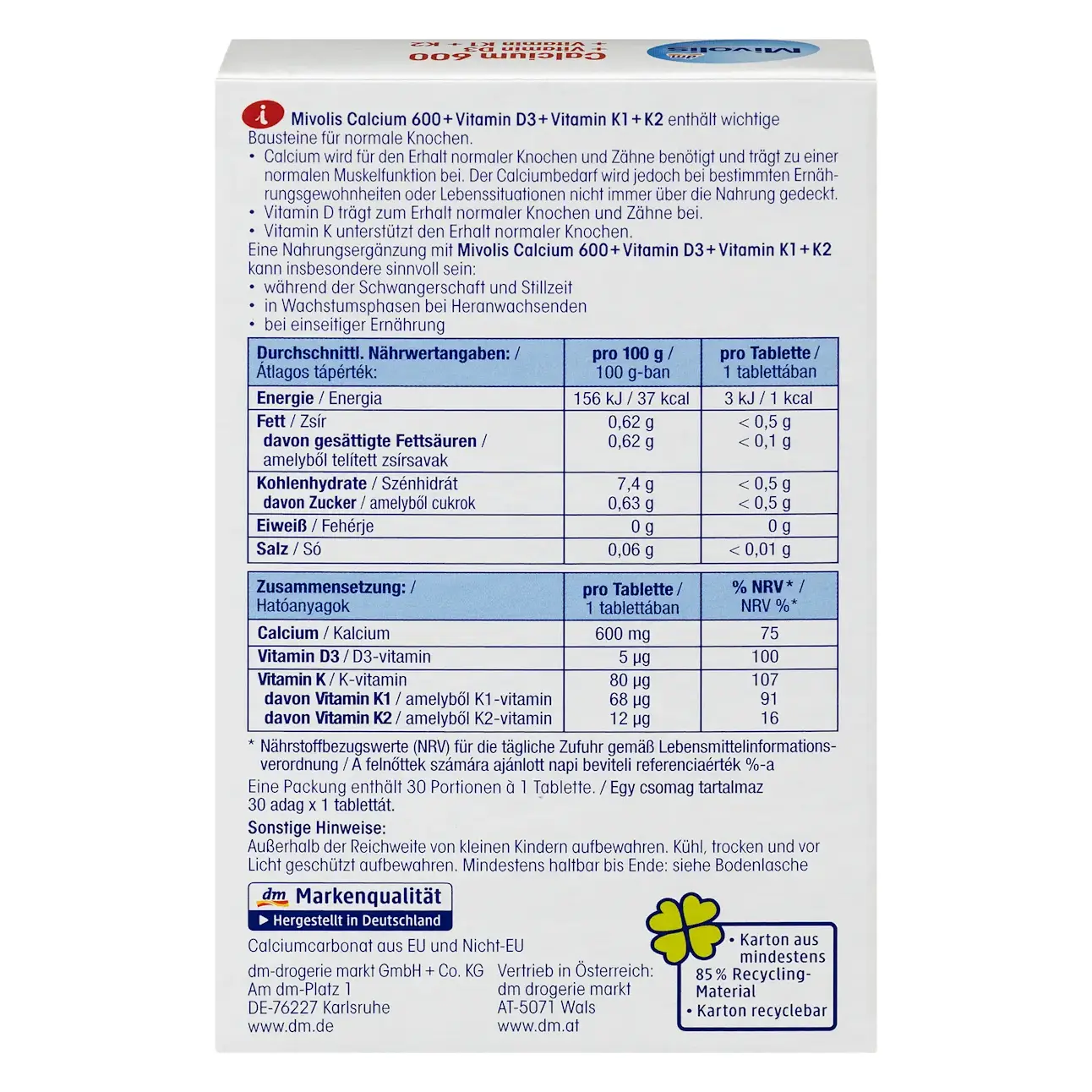 Viên uống Mivolis Calcium 600 + Vitamin D3 + Vitamin K1 + K2 30 viên của Đức Viên uống Mivolis Calcium 600 + Vitamin D3 + K1 + K2, 30 viên