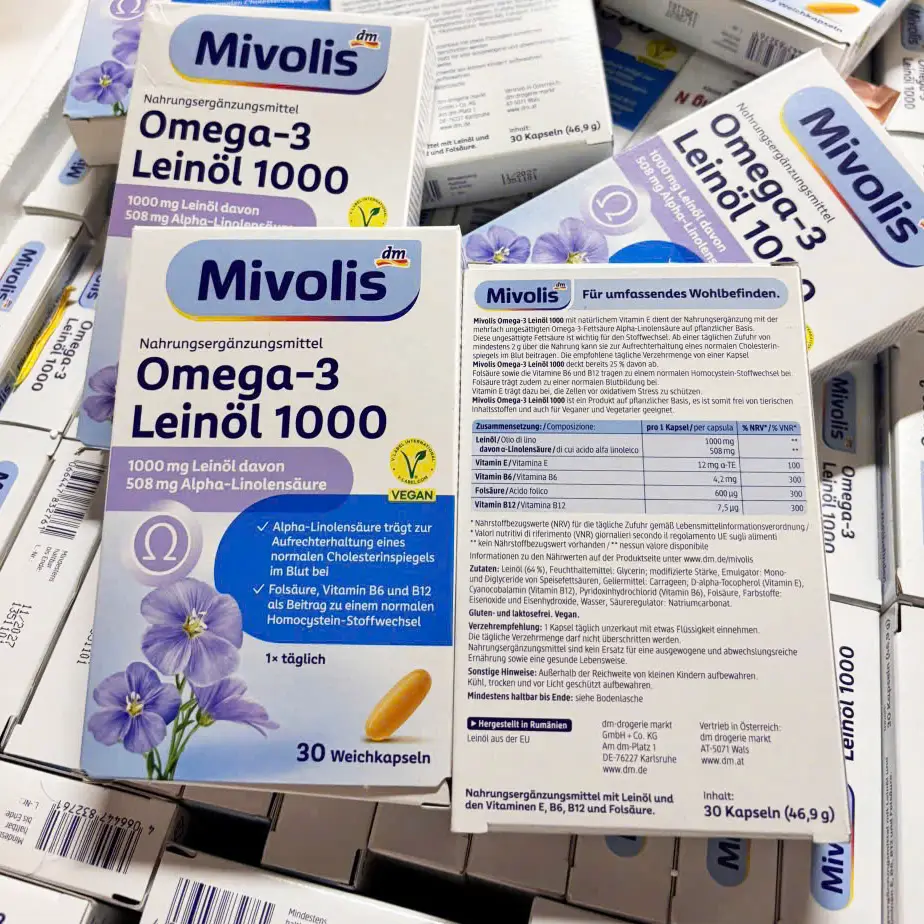 Viên uống dầu hạt lanh Mivolis Omega 3 Leinol 1000 30 viên của Đức Viên Uống Dầu Hạt Lanh Mivolis Omega-3 1000 Đức