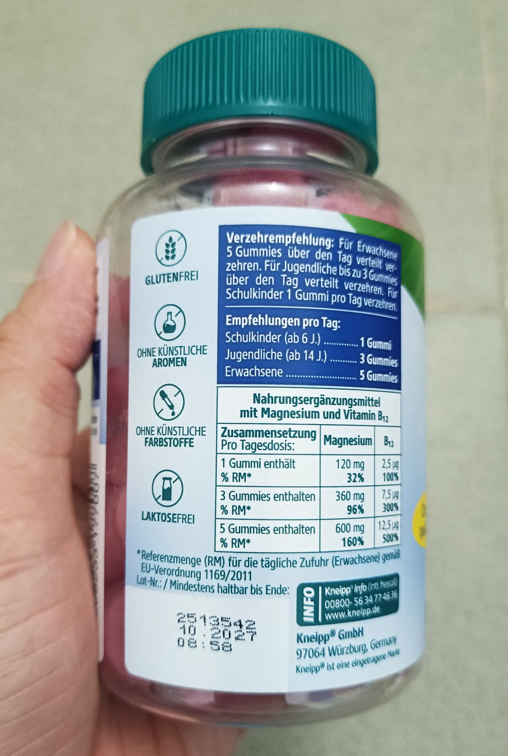 Viên nhai Kneipp Magnesium + B12 Gummi 60 viên vị mâm xôi của Đức Viên nhai bổ sung Magie & Vitamin B12 Kneipp 60 viên