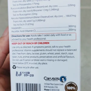 Viên uống Carusos Veins Clear trị giãn tĩnh mạch Úc 60 viên