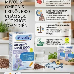 Viên uống dầu hạt lanh Mivolis Omega 3 Leinol 1000 30 viên của Đức Viên uống Mivolis Omega-3 Leinöl 1000 thực vật, dành cho người ăn chay