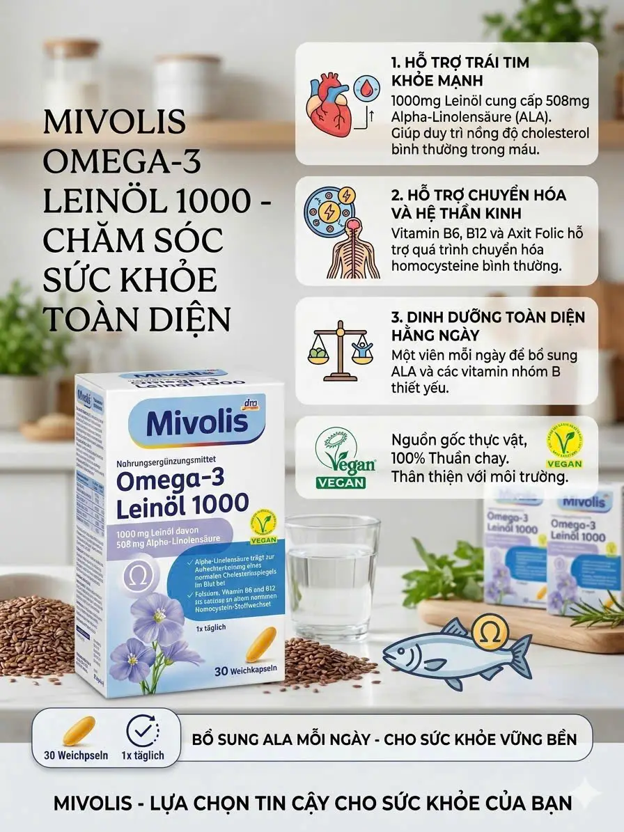 Viên uống dầu hạt lanh Mivolis Omega 3 Leinol 1000 30 viên của Đức Viên uống Mivolis Omega-3 Leinöl 1000 thực vật, dành cho người ăn chay