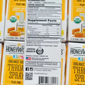 Xịt Họng Keo Ong Hữu Cơ HoneyWorks Kids Organic Honey USA 30ml